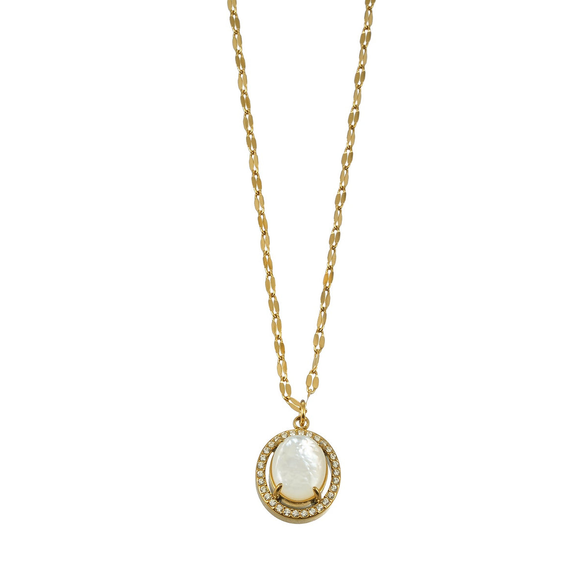 HAMMELA Gold: Pendant Necklace with a Pearl Centre & Crystal Halo